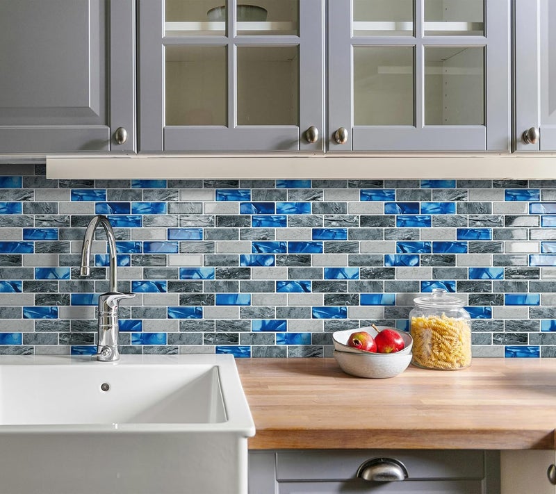Tiwoos Thick Kitchen Backsplash Tile Peel and Stick 12"x12" Self Adhesive Sticky Tiles for Walls(10-Sheet,Blue) - Image 3